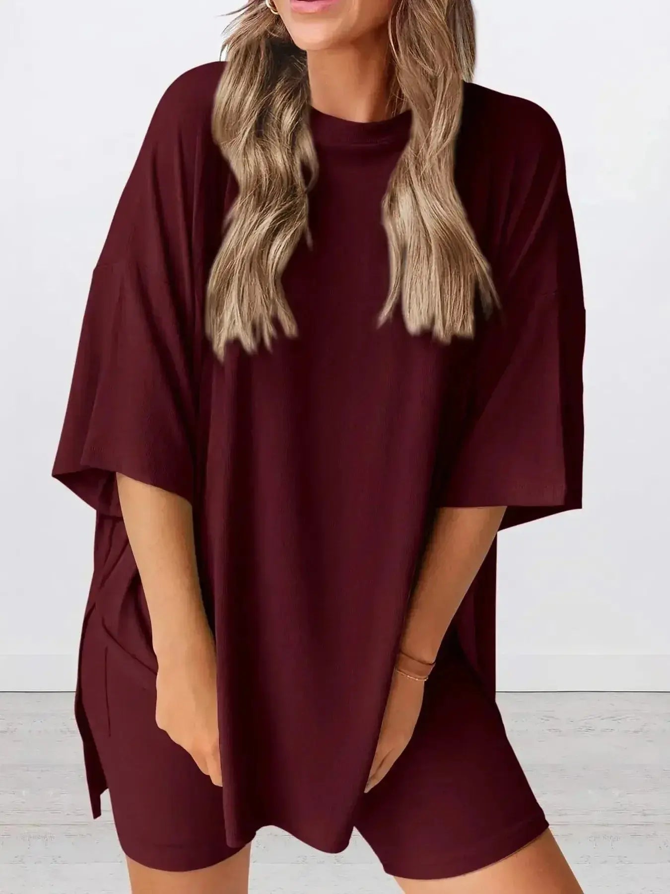 Plus size oversized slit neck lounge set for women, soft rayon pajamas with relaxed fit and comfortable design.