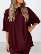 Plus size oversized slit neck lounge set for women, soft rayon pajamas with relaxed fit and comfortable design.