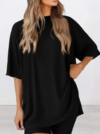 Plus size oversized slit neck lounge set made of soft rayon pajamas for women, featuring a relaxed fit and comfortable design.
