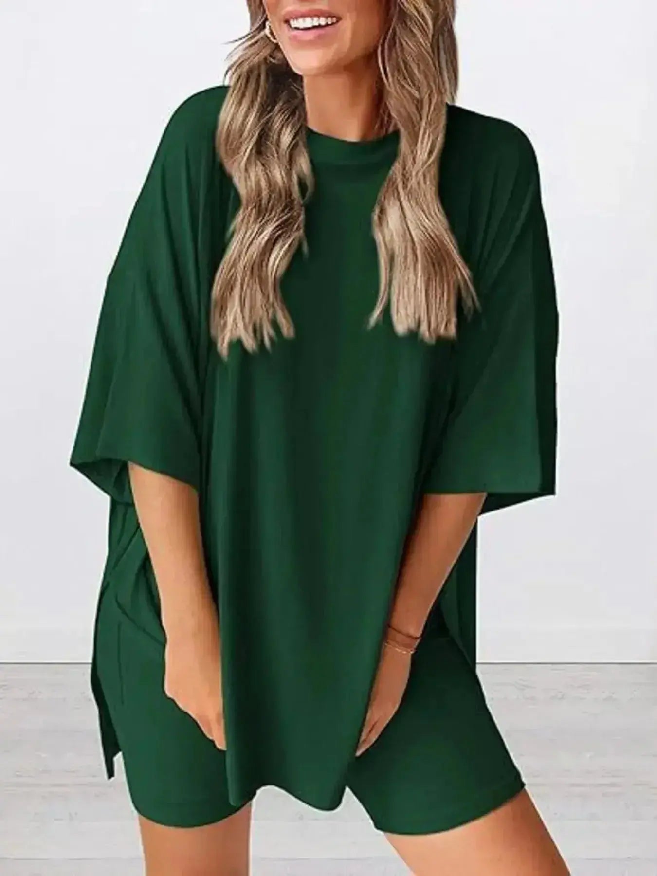 Plus size oversized slit neck lounge set made of soft rayon pajamas for women, featuring a relaxed fit and comfortable design.