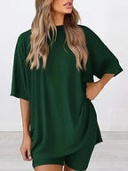 Plus size oversized slit neck lounge set for women, soft rayon pajamas with relaxed fit and comfortable design.