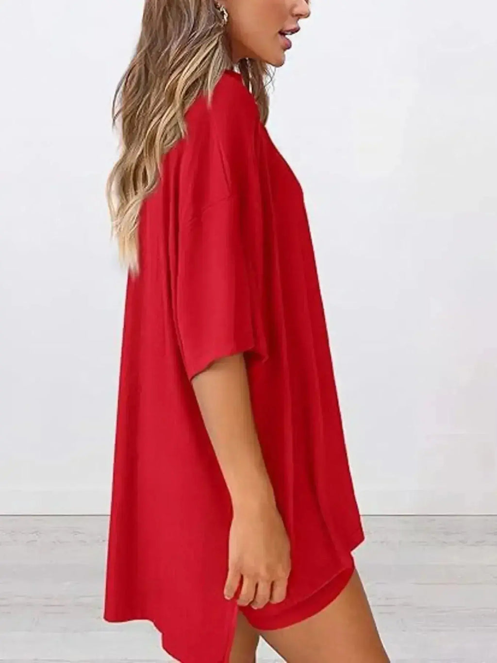 Plus size oversized slit neck lounge set made of soft rayon pajamas for women, featuring a relaxed fit and comfortable design.