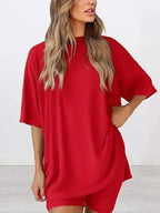 Plus size oversized lounge set with slit neck, soft rayon fabric, cozy pajamas for women, featuring relaxed fit and comfortable style.