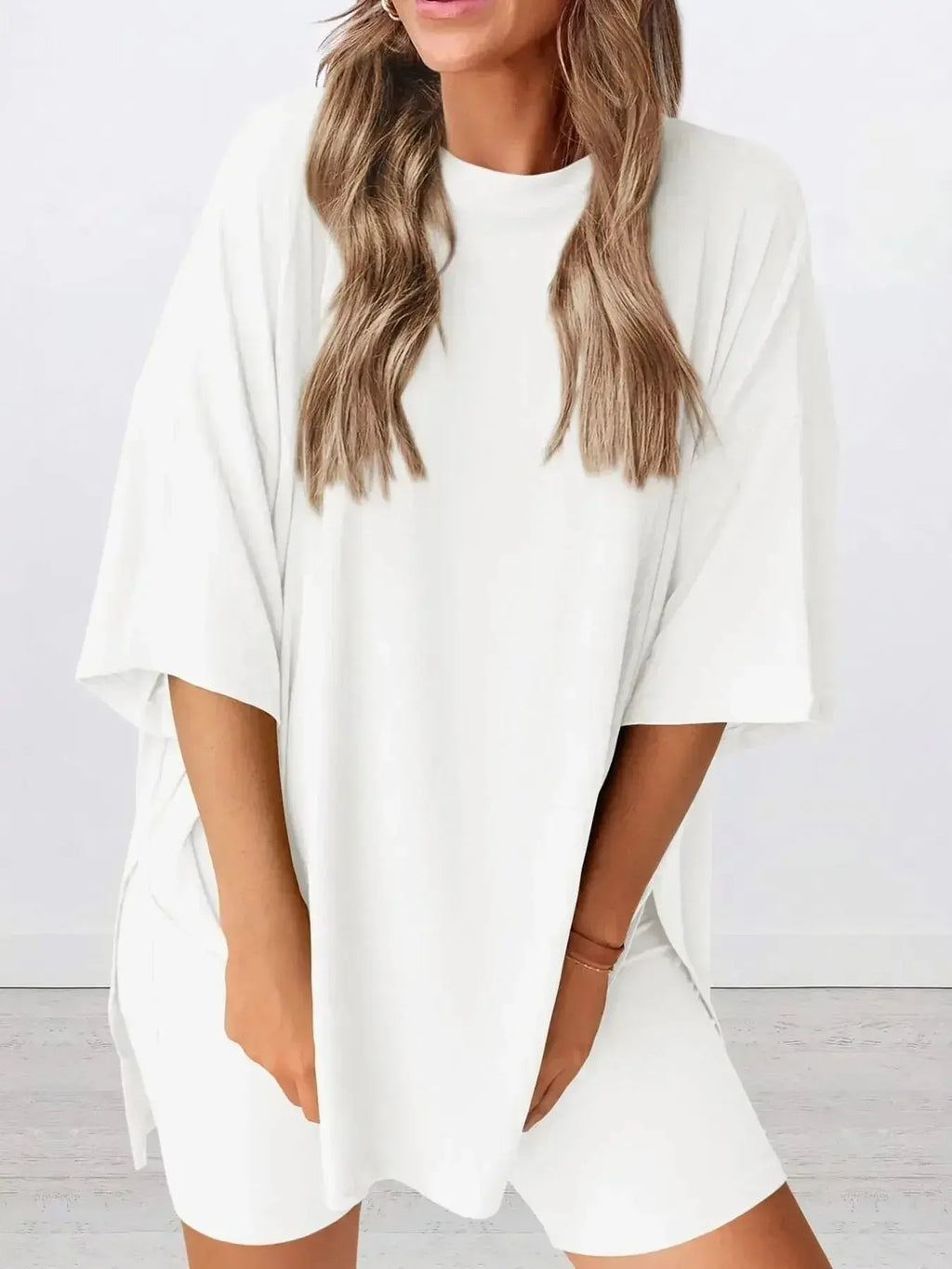 Plus size oversized slit neck lounge set for women, soft rayon pajamas with relaxed fit and comfortable design.