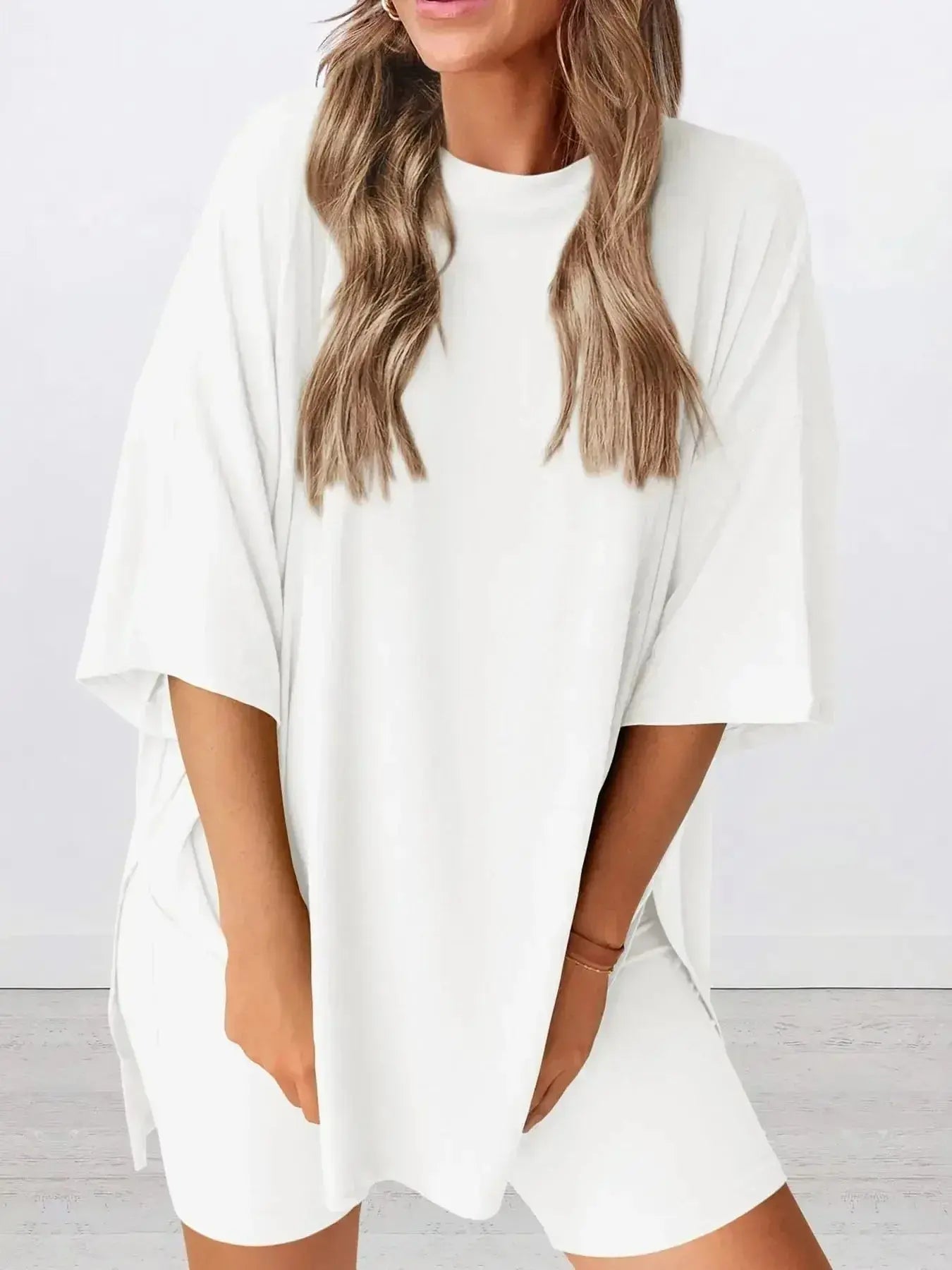 Plus size oversized slit neck lounge set for women, soft rayon pajamas with relaxed fit and comfortable design.