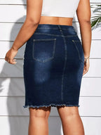 Plus size pearl-embellished frayed hem denim skirt by Trendsi, showcasing the stylish pearl details and distressed denim design.