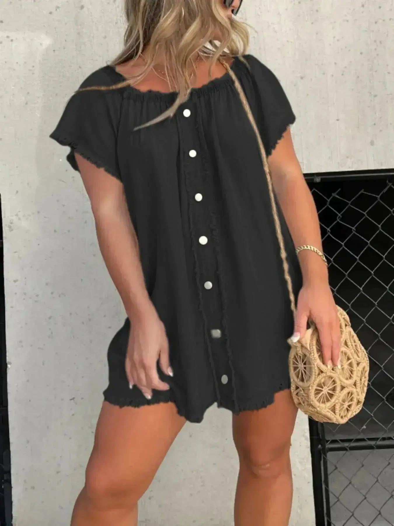 Plus size raw hem mini denim button-down dress by Trendsi, featuring stretchy casual jean fabric and a relaxed fit.