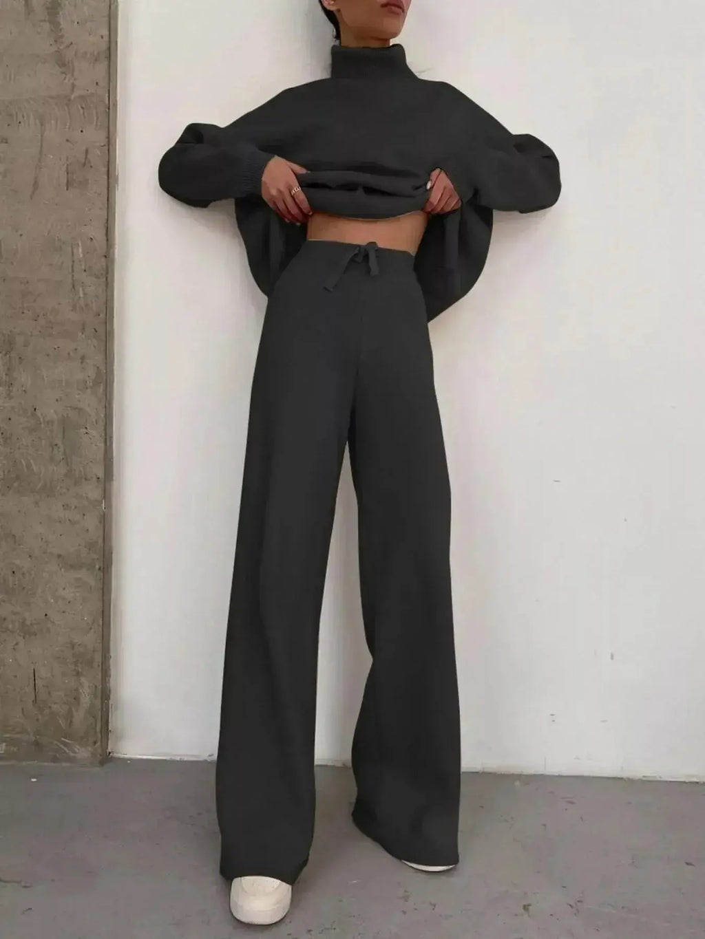 Plus size lounge set with turtleneck sweater and matching pants from Trendsi, featuring cozy long sleeves and comfortable fit.