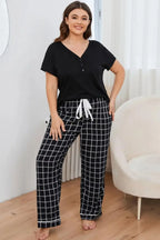 Plus size V-neck top and plaid lounge pants 2-piece set from Plush Fashion Hub, comfortable and stylish for relaxed wear.