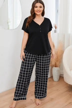 Plus size V-neck top with plaid lounge pants 2-piece set by Plush Fashion Hub, comfortable casual wear for relaxed days.
