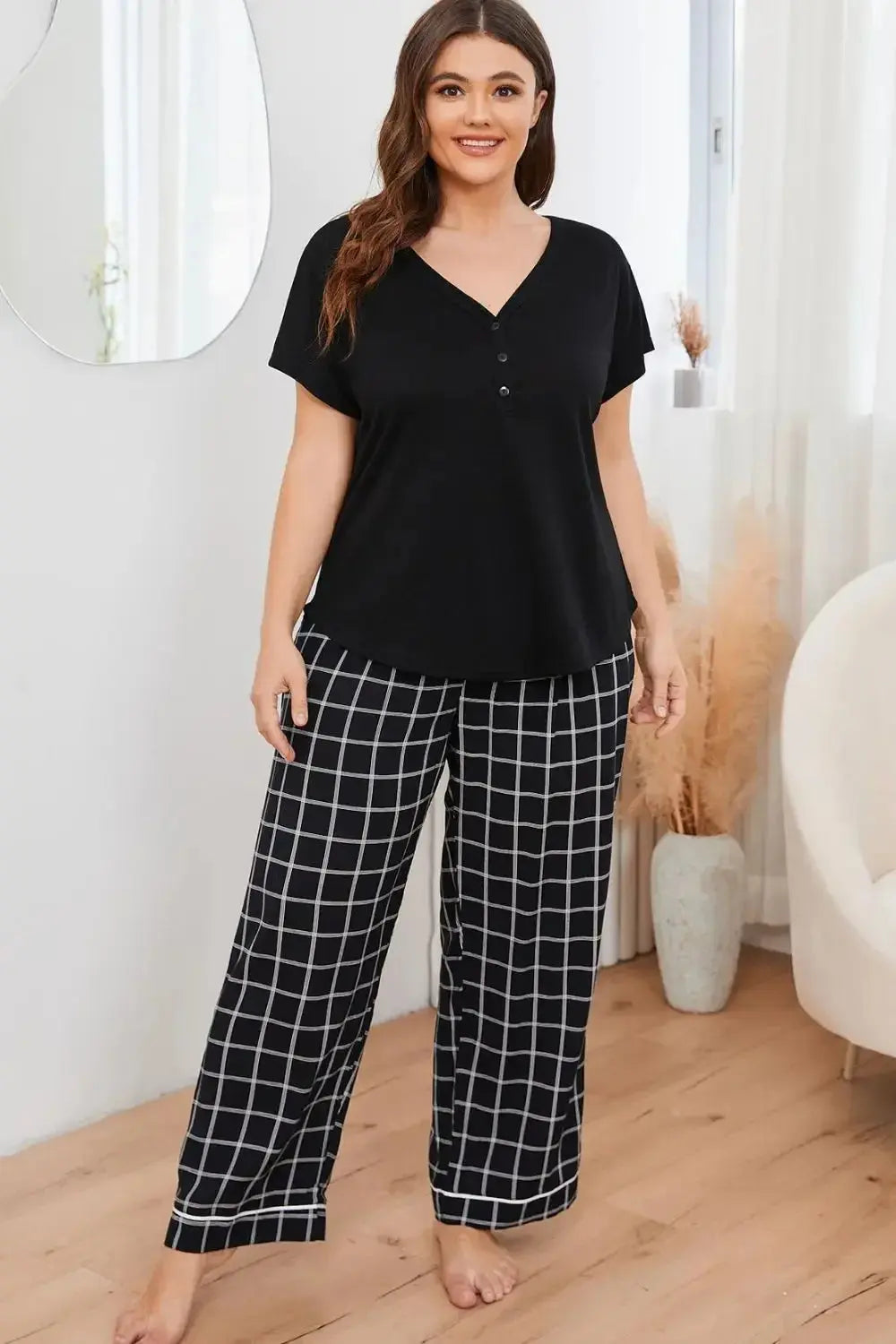 Plus size V-neck top with plaid lounge pants 2-piece set by Plush Fashion Hub, comfortable casual wear for relaxed days.