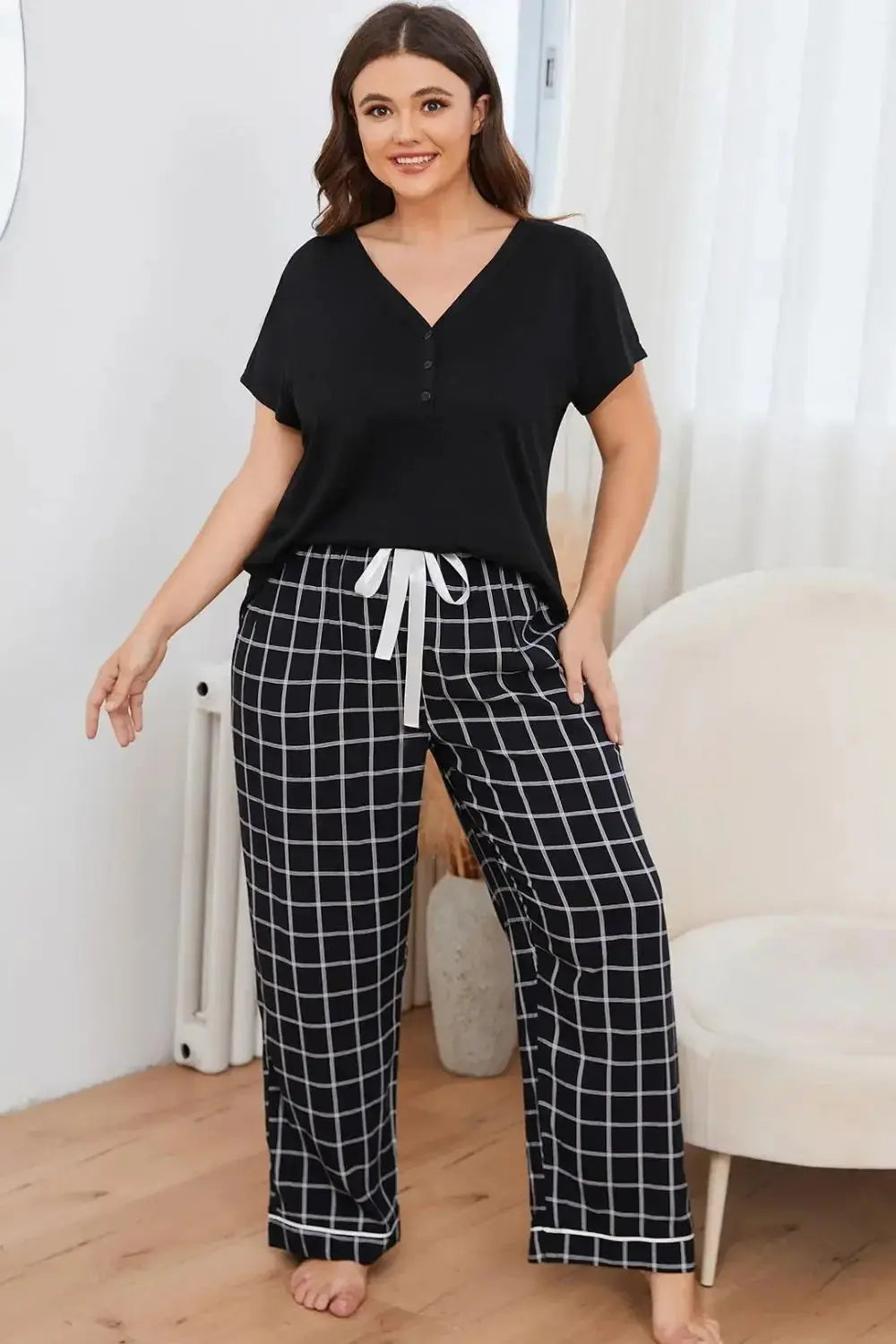 Plus size V-neck top and plaid lounge pants 2-piece set from Plush Fashion Hub, comfortable casual wear for relaxed days.
