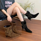 Faux leather pointed toe kitten heel ankle boots with mid-height heel from Plush Fashion Hub, stylish and chic footwear.
