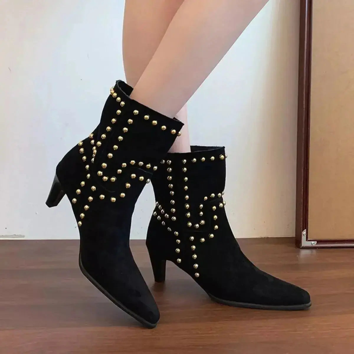 Faux leather pointed toe kitten heel ankle boots in mid-heel height from Plush Fashion Hub, stylish and versatile footwear.