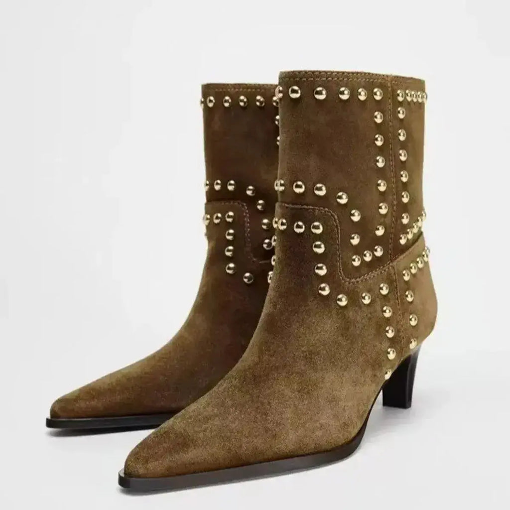 Pointed toe kitten heel ankle boots in chic faux leather, mid-heel style from Plush Fashion Hub for stylish footwear.
