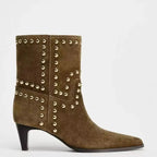Pointed toe kitten heel ankle boots in chic faux leather with mid-heel design by Plush Fashion Hub.