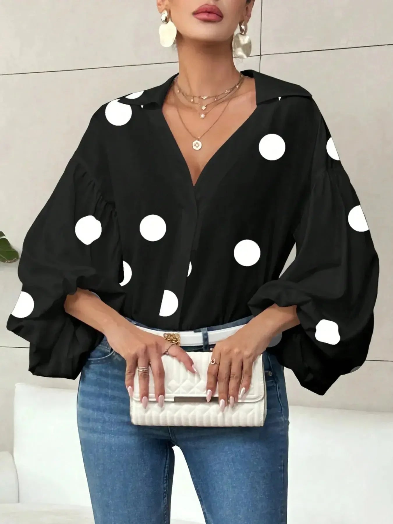 Polka Dot Balloon Sleeve Blouse - Plush Fashion Hub