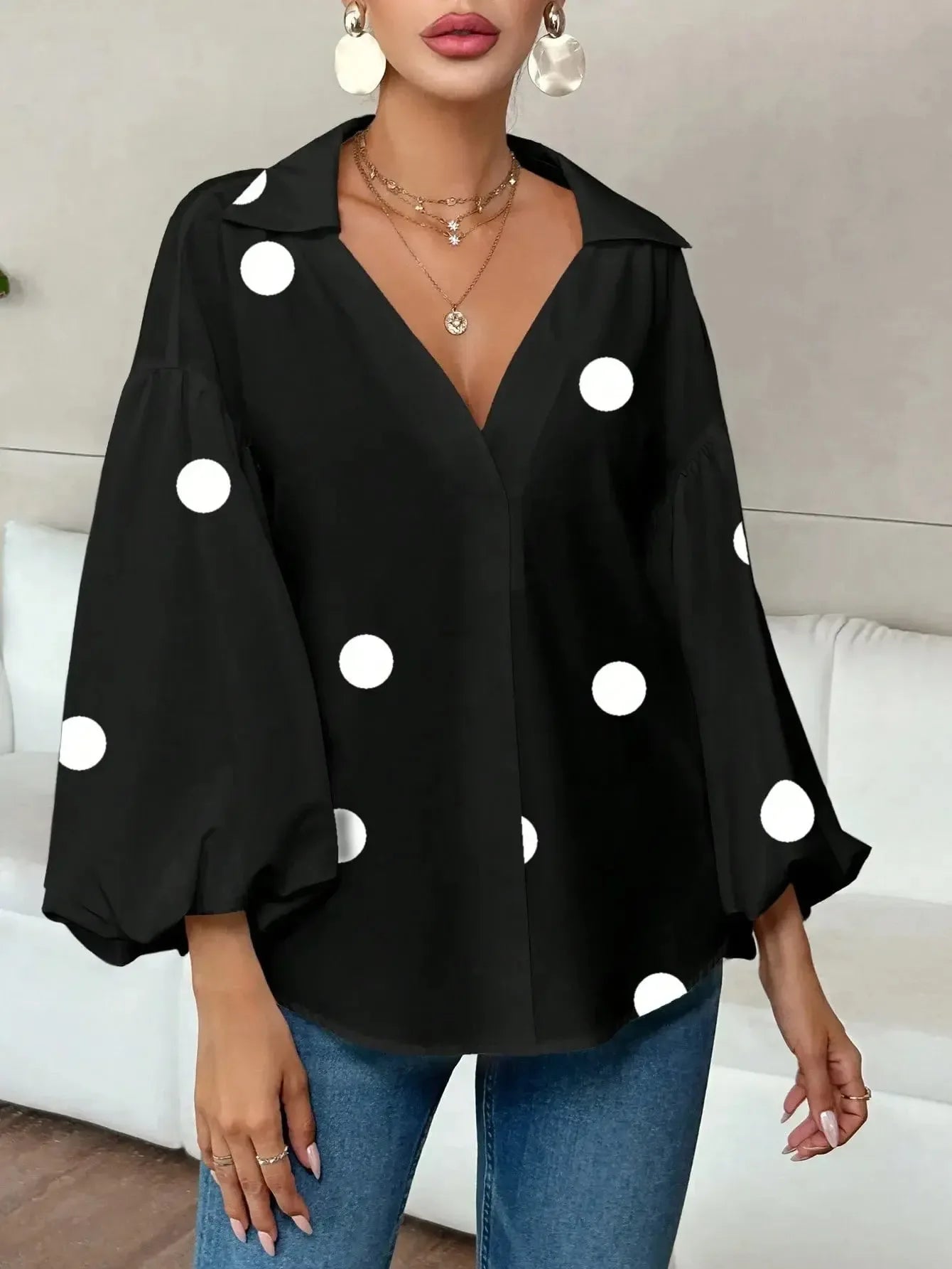 Polka Dot Balloon Sleeve Blouse - Plush Fashion Hub