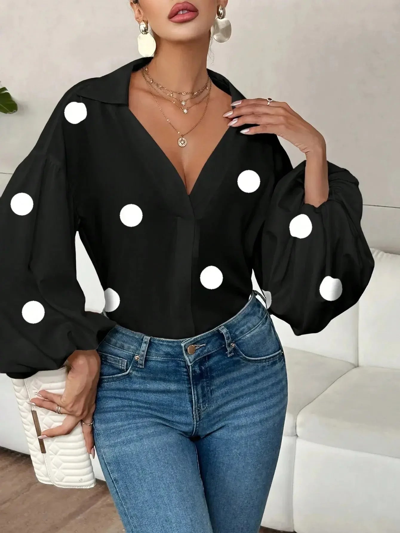 Polka Dot Balloon Sleeve Blouse - Plush Fashion Hub