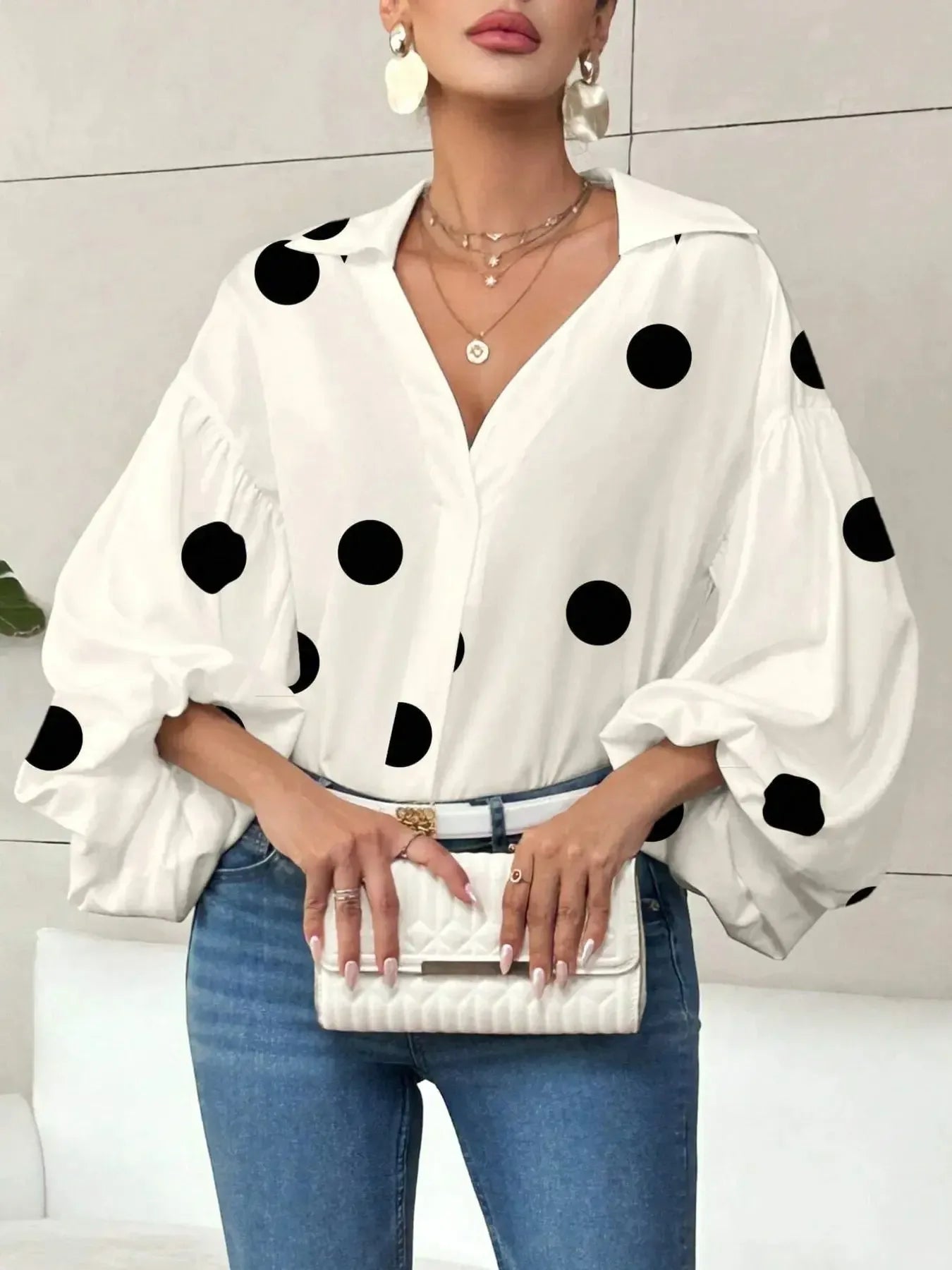 Polka Dot Balloon Sleeve Blouse - Plush Fashion Hub