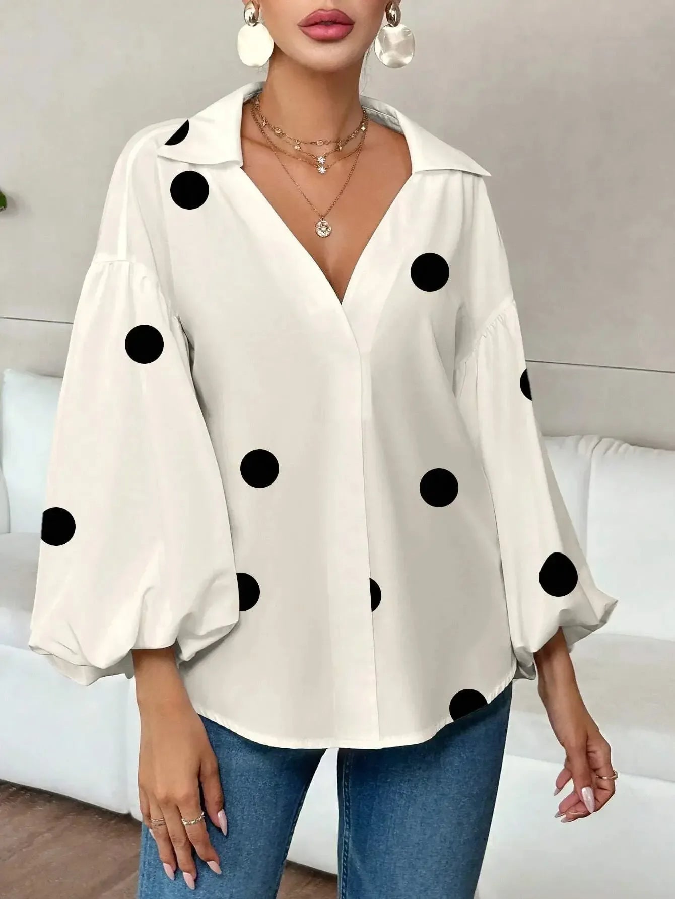 Polka Dot Balloon Sleeve Blouse - Plush Fashion Hub