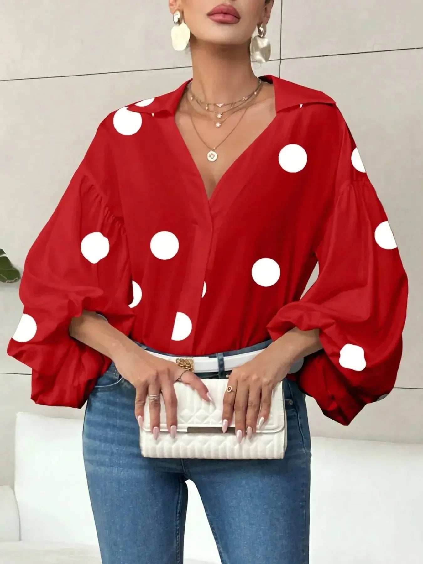 Polka Dot Balloon Sleeve Blouse - Plush Fashion Hub