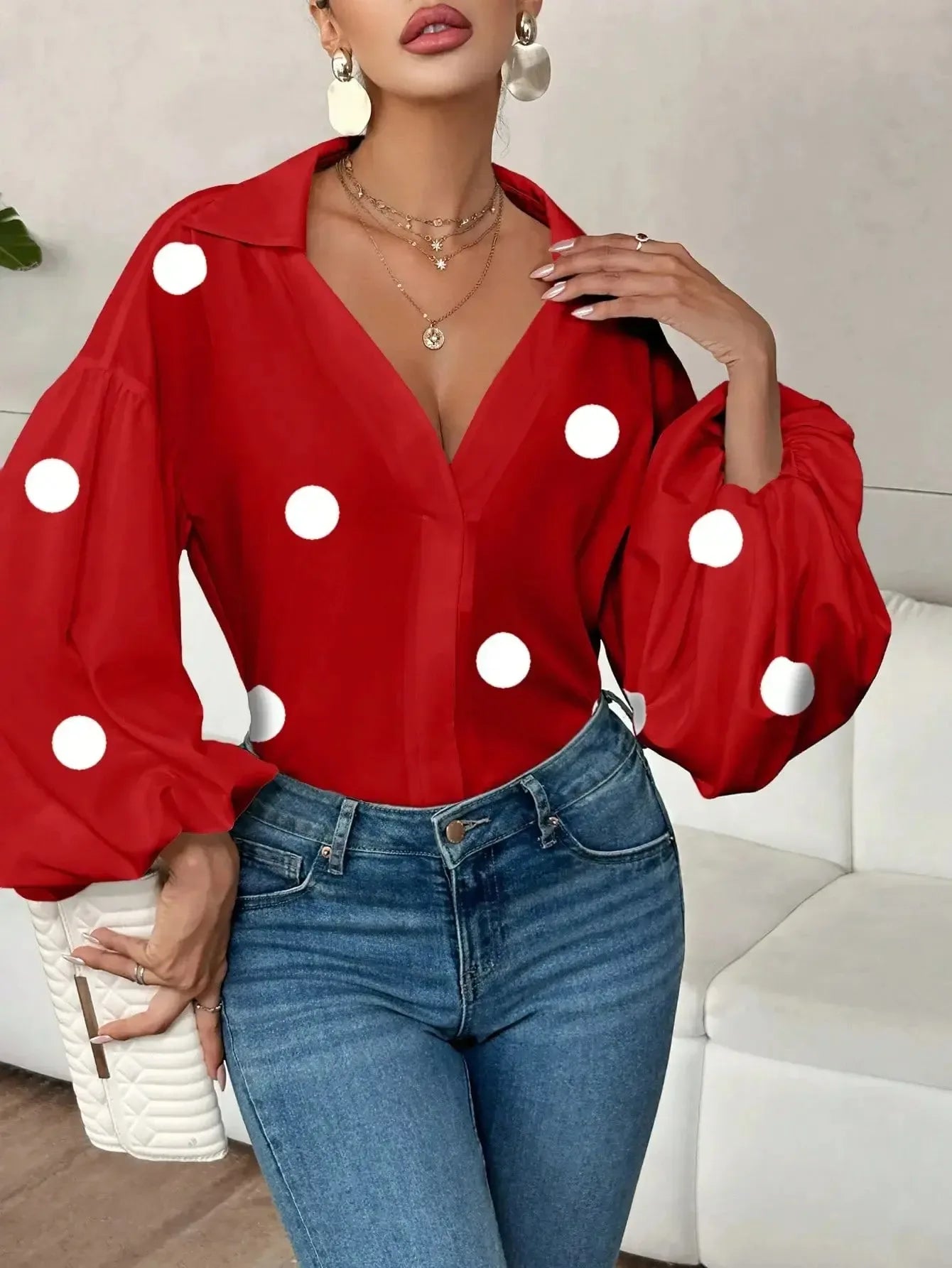 Polka Dot Balloon Sleeve Blouse - Plush Fashion Hub