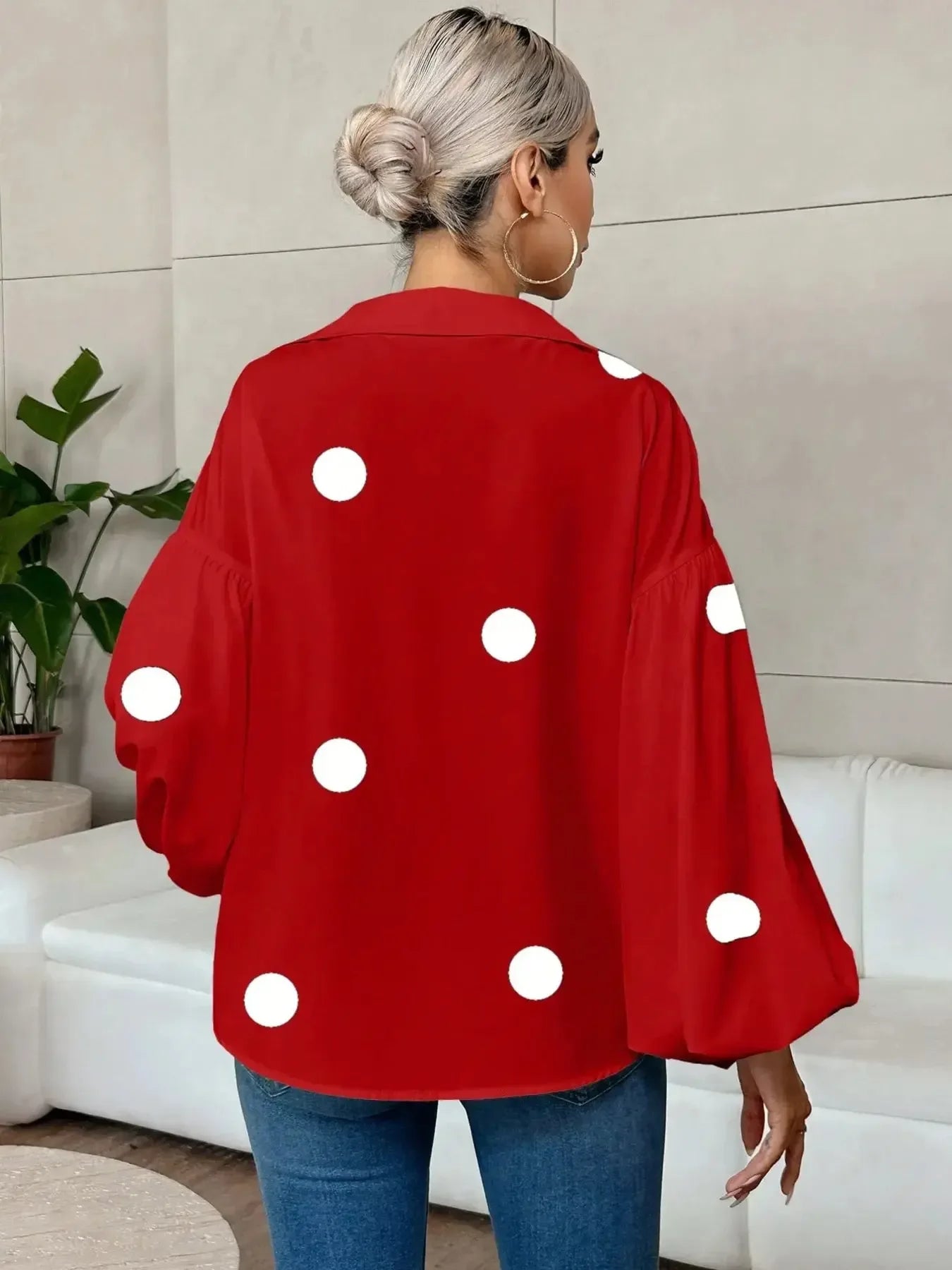 Polka Dot Balloon Sleeve Blouse - Plush Fashion Hub