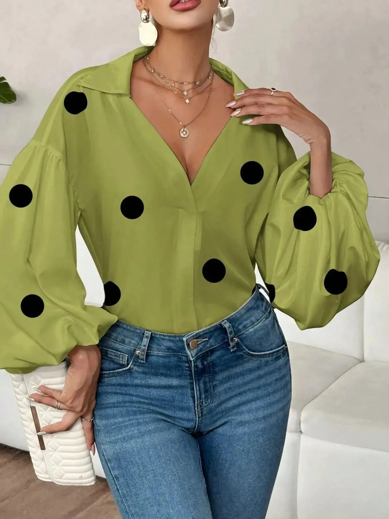Polka Dot Balloon Sleeve Blouse - Plush Fashion Hub