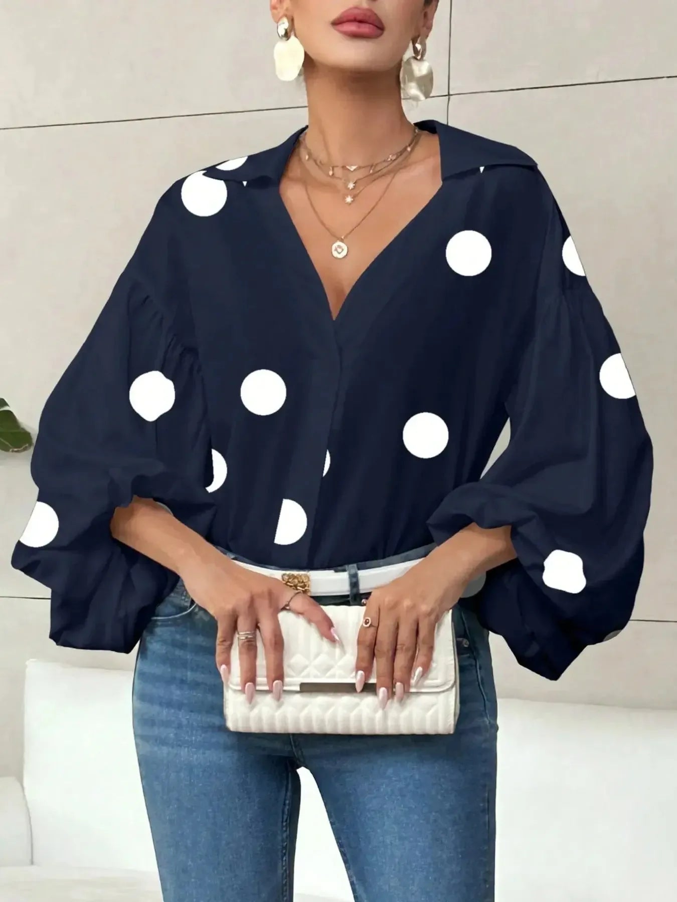 Polka Dot Balloon Sleeve Blouse - Plush Fashion Hub