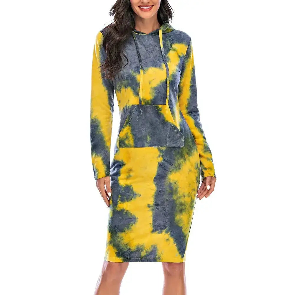 Women's tie-dye hooded long sleeve sweatshirt from Plush Fashion Hub featuring vibrant colors and a comfortable pullover design.
