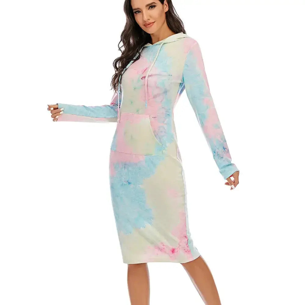 Women’s vibrant tie-dye hooded long sleeve sweatshirt by Plush Fashion Hub, featuring colorful tie-dye pattern and cozy pullover design.