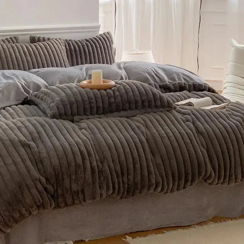 Soft rabbit flannel bed sheet set by Plush Fashion Hub, includes four warm, ultra-soft winter bedding sheets.