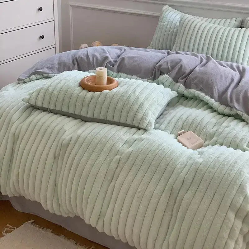 Soft Rabbit Flannel 4-piece bed sheet set from Plush Fashion Hub with ultra-soft, warm winter bedding for a cozy bedroom.