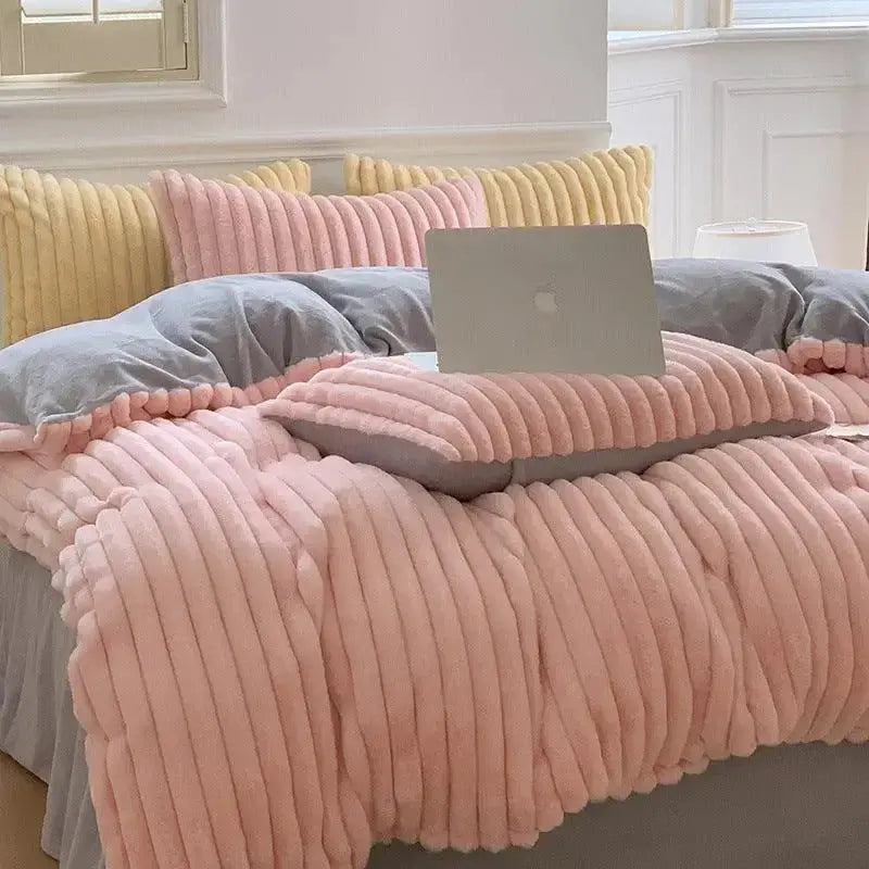 Plush Fashion Hub soft rabbit flannel four-piece bed sheet set with ultra-soft, warm winter bedding for cozy comfort.