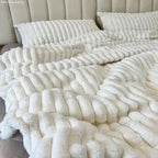 Soft rabbit flannel four-piece bed sheet set by Plush Fashion Hub, featuring ultra-soft, warm winter bedding for cozy comfort.