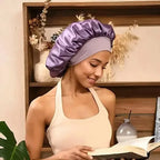 Plush Fashion Hub premium satin sleep bonnet with wide comfort band, designed for hair protection during sleep.
