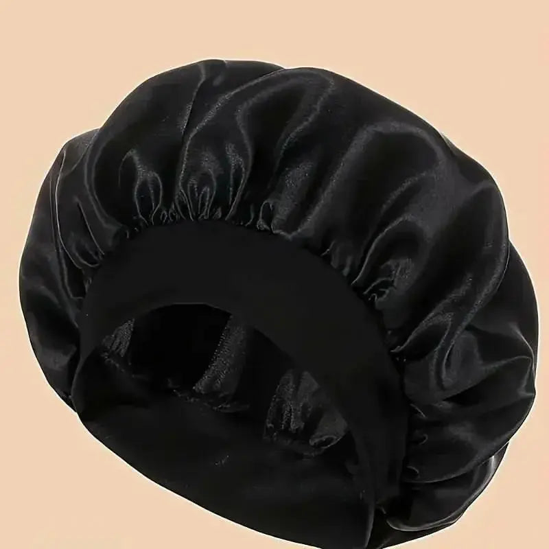 Plush Fashion Hub premium satin sleep bonnet with wide comfort band, designed for hair protection during sleep.