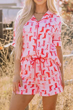 Printed button-down pajama shirt and shorts loungewear set by Trendsi, featuring a comfortable, casual sleepwear design.