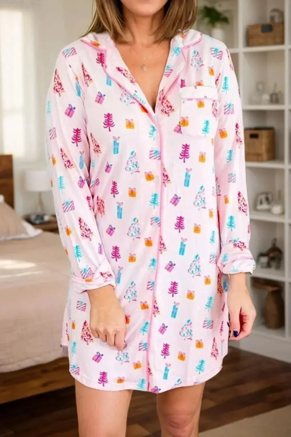 Printed collared long sleeve lounge dress with pockets, cozy pajamas by Plush Fashion Hub, featuring a comfortable fit and stylish print.