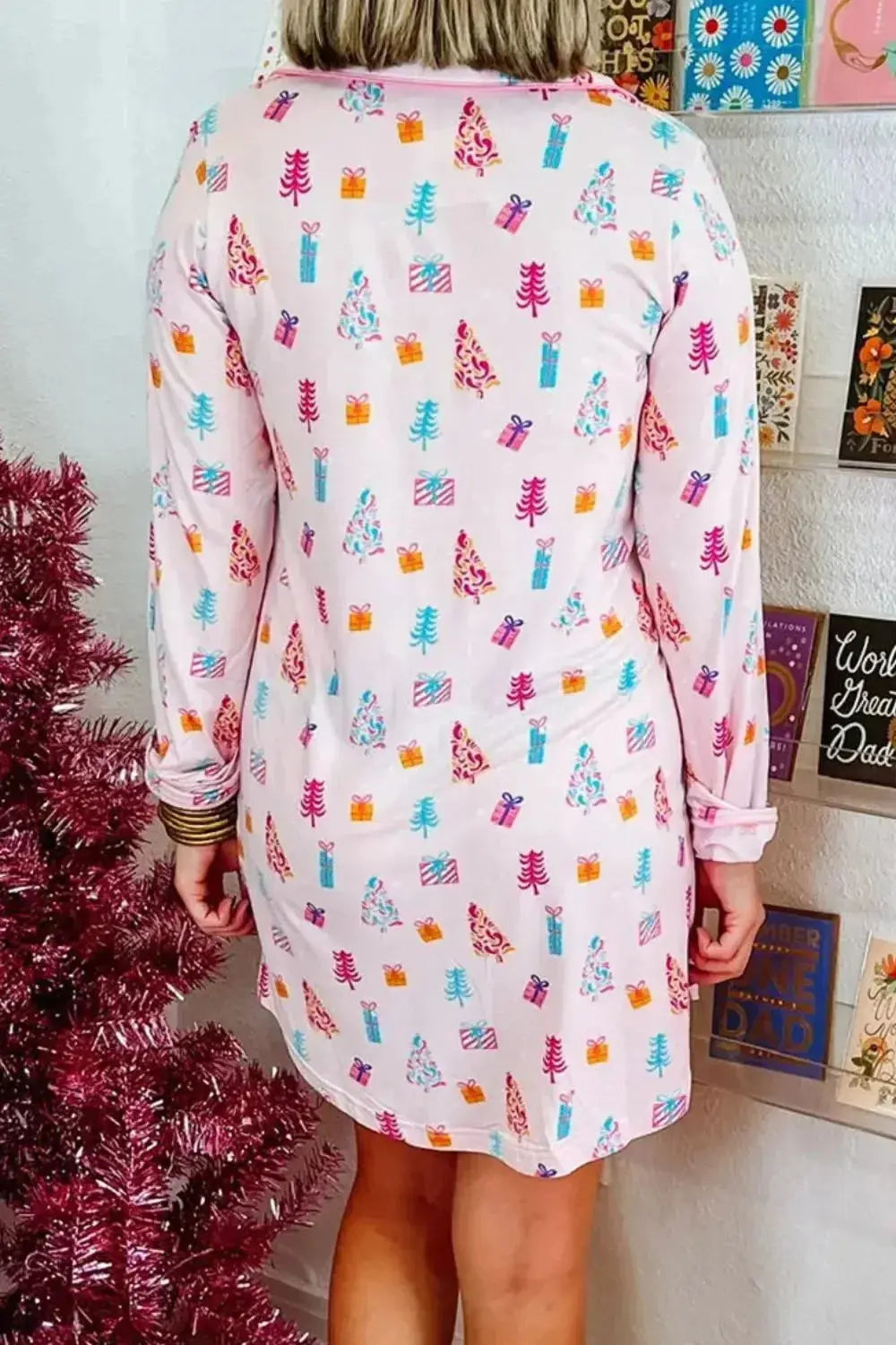 Printed collared long sleeve lounge dress with pockets, plush fabric pajamas by Plush Fashion Hub, shown in a cozy, stylish design.