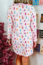 Printed collared long sleeve lounge dress with pockets, plush fabric pajamas by Plush Fashion Hub, shown in a cozy, stylish design.