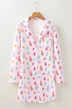 Printed collared long sleeve lounge dress with pockets, plush fabric pajamas by Plush Fashion Hub, casual sleepwear for women.