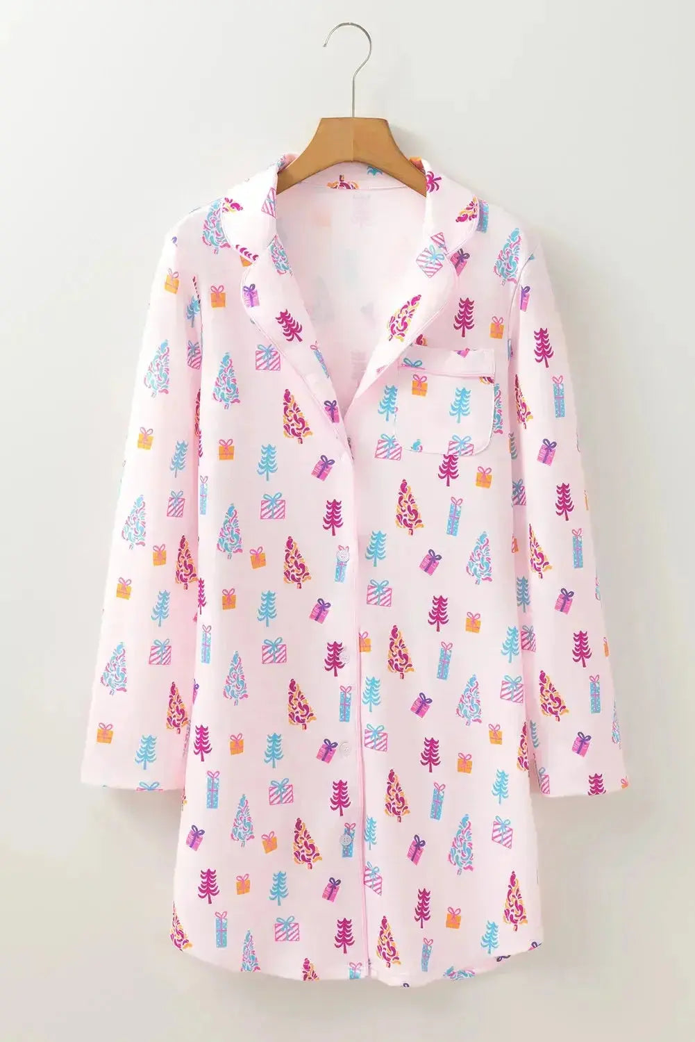 Printed collared long sleeve lounge dress with pockets, plush fabric pajamas by Plush Fashion Hub, casual sleepwear for women.