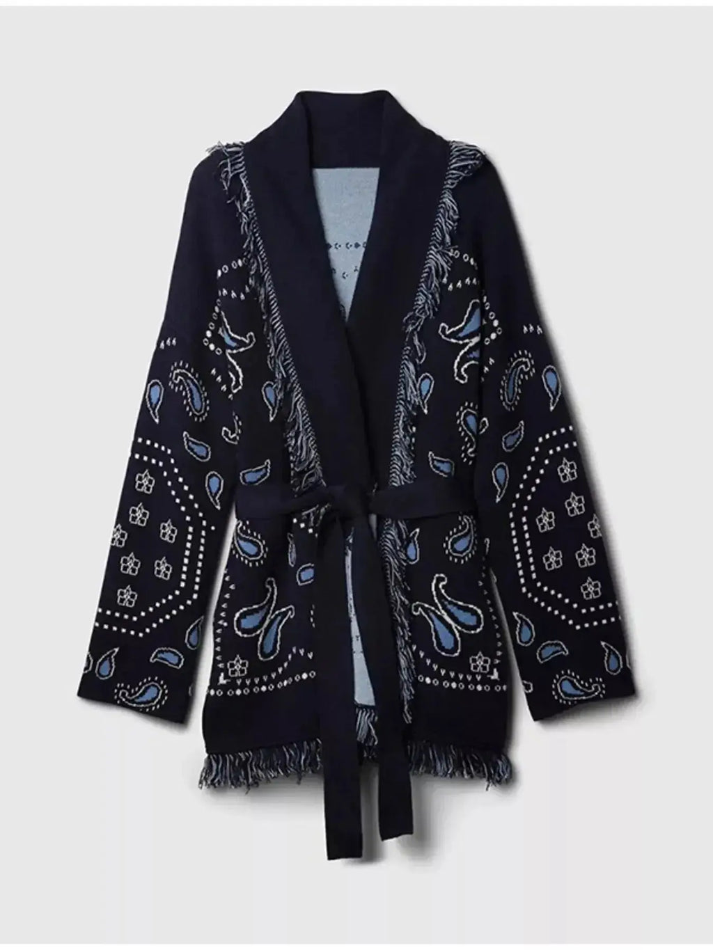 Bohemian printed fringe knit cardigan with long sleeves and tie front, stylish layered top by Plush Fashion Hub.