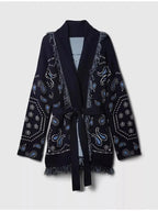 Bohemian printed fringe knit cardigan with long sleeves and tie front, stylish layered top by Plush Fashion Hub.