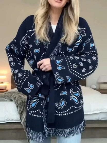 Printed Fringe Long Sleeve Cardigan - Plush Fashion Hub