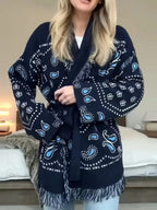 Bohemian printed fringe knit cardigan with long sleeves and tie front, stylish layered top from Plush Fashion Hub