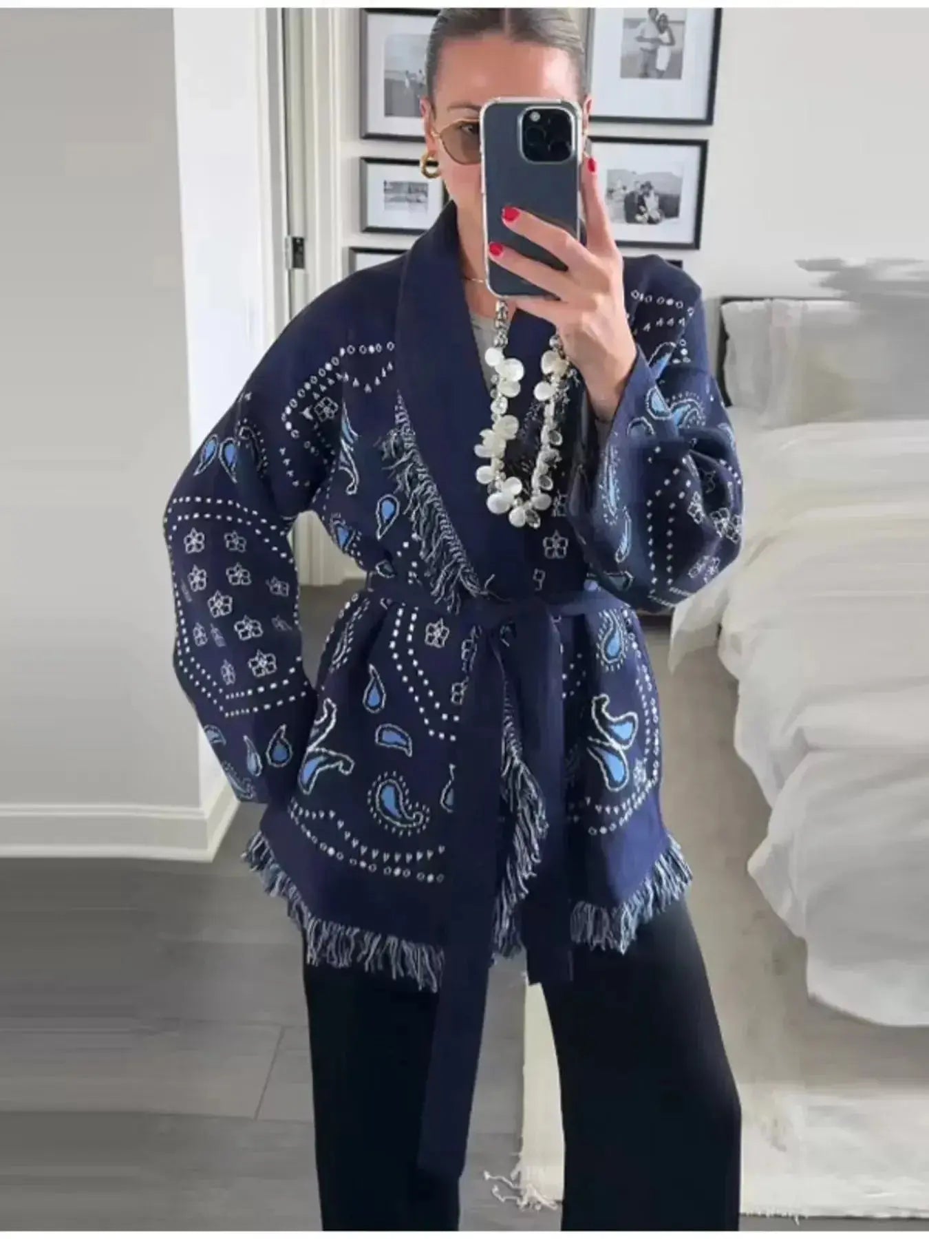 Bohemian printed fringe knit cardigan with long sleeves and tie front, stylish layered top by Plush Fashion Hub.