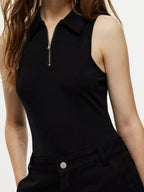 Women's sleeveless quarter-zip collared bodysuit by Plush Fashion Hub, featuring a sleek slim-fit jumper design.